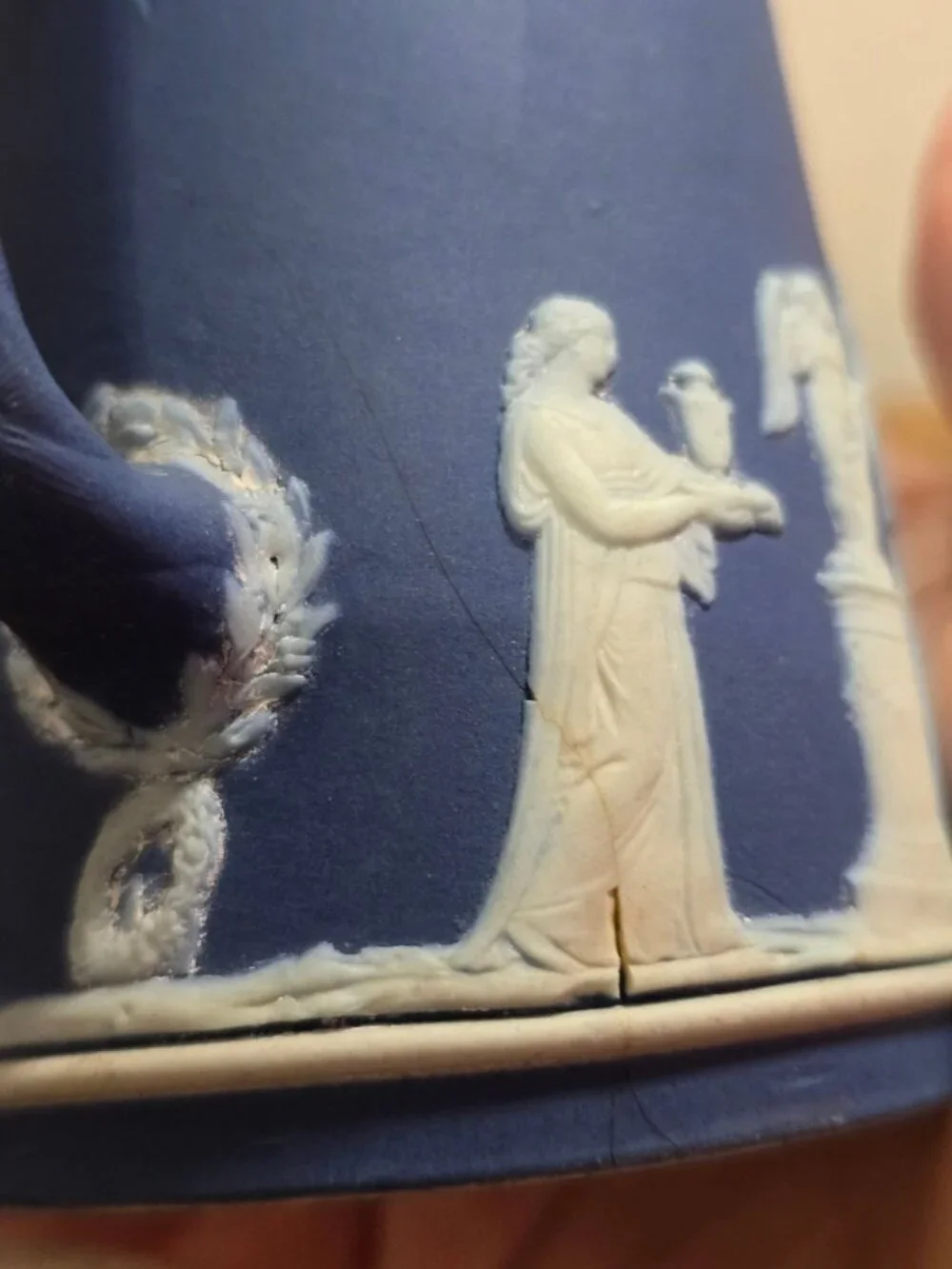 Antique Wedgwood Cobalt Blue & White Jasperware Pitcher With Greek Revival READ